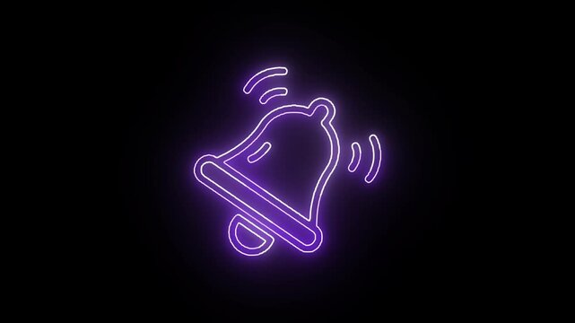  Neon purple ringing bell icon animation on black background, glowing alert notification symbol seamless loop for UI, streaming and marketing videos