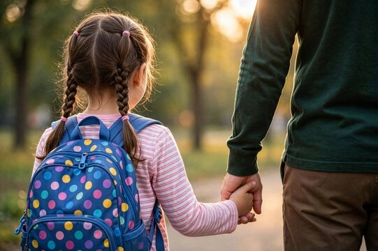 Rear view of a little schoolgirl with a backpack holding hands with her father walking in a park