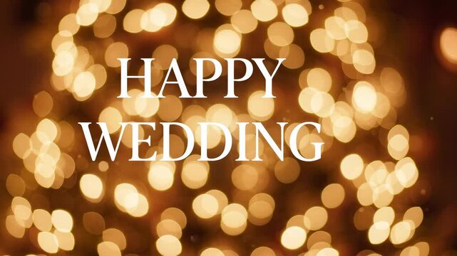 Golden bokeh background with happy wedding text forming a celebratory message for marriage events and romantic ceremonies