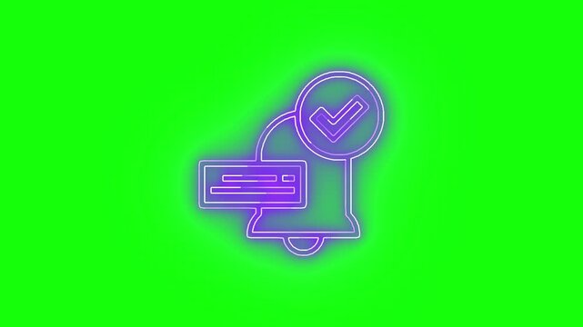 Neon purple notification bell with checkmark icon animation on green screen, chroma key alert approval symbol loop for UI overlays and promos