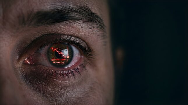 Human eye reflecting a red downward financial stock market crash graph