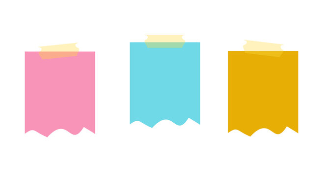 Set of colorful torn sticky notes with tape isolated on transparent background