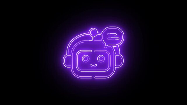 Neon purple chatbot icon animation on black background, glowing AI support assistant symbol loop