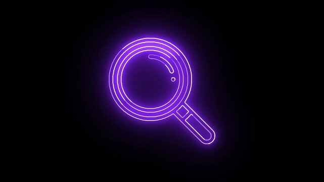 Neon purple search magnifier icon animation on black background, glowing find symbol seamless loop