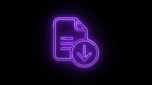 Neon purple download document icon animation on black background, glowing file transfer symbol loop