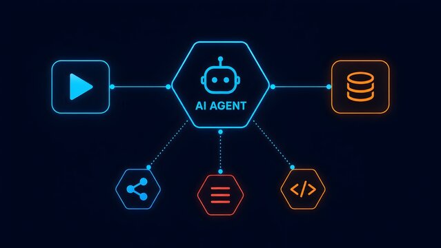 Artificial intelligence agent workflow diagram with glowing hexagonal nodes connecting multimedia coding and database management systems