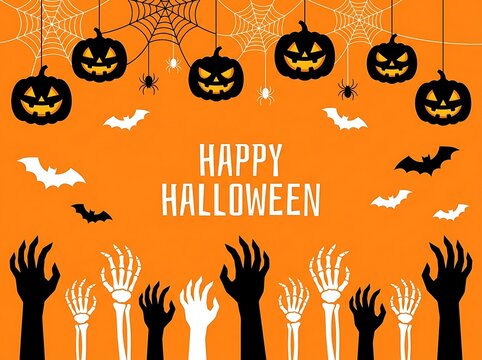Happy Halloween greeting illustration with hanging pumpkin lanterns spider webs and zombie hands
