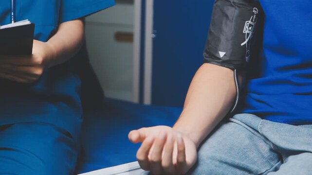 Female healthcare worker taking blood pressure on an adult male patient in a medical clinic, close-up with cropped faces