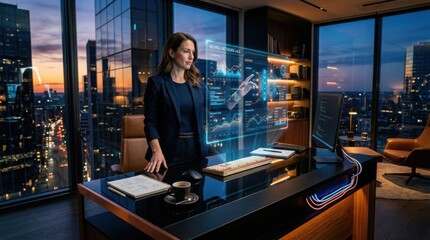 Fototapeta premium Businesswoman Interacting With Futuristic Holographic Display In Modern Office At Dusk