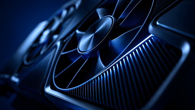 Close up of high performance graphics card cooling fans with glowing blue neon light for intensive gaming and rendering