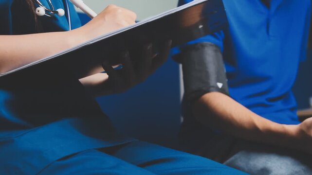 Female healthcare worker taking blood pressure on an adult male patient in a medical clinic, close-up with cropped faces