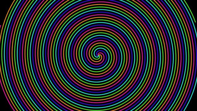 Hypnotic Rainbow Spiral Motion Background with Vibrant Rotating Neon Lines