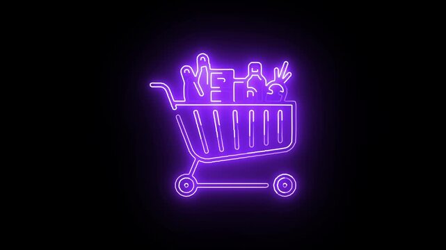 Neon purple grocery shopping cart icon animation on black background, glowing supermarket symbol loop