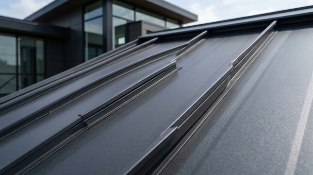 Close up view of dark grey standing seam metal roofing panels on modern building showing clean industrial architectural lines.