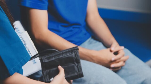 Female healthcare worker taking blood pressure on an adult male patient in a medical clinic, close-up with cropped faces