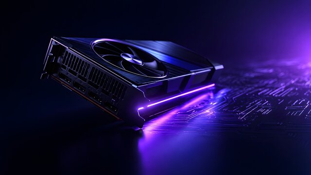 Advanced graphics processing unit on glowing purple circuit board highlighting high performance gaming and crypto mining hardware