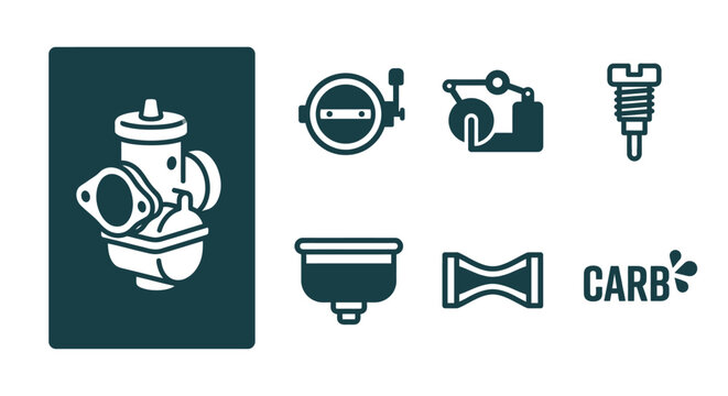 Minimalist dark teal carburetor icon set featuring throttle, float, jet, bowl, and venturi. Flat vector engine components for mechanical branding and repair manuals on white.