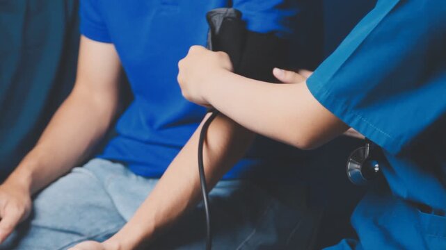 Female healthcare worker taking blood pressure on an adult male patient in a medical clinic, close-up with cropped faces