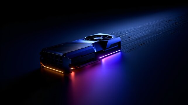 Modern graphics card with glowing RGB lighting and speed trails illustrating fast data processing and premium gaming hardware