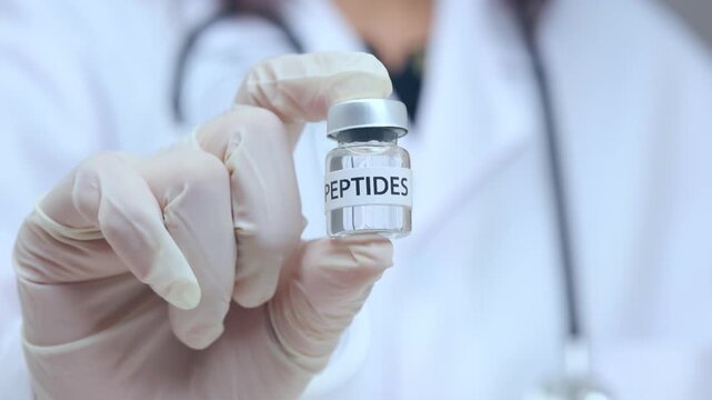Focused doctor with medical glove hand holding glass vial bottle of peptide therapy medicine in scientific laboratory research
