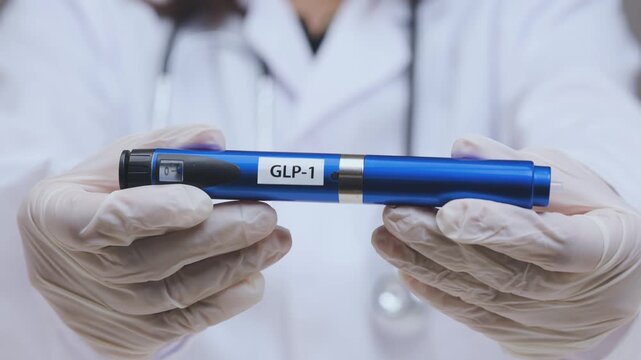 Focused doctor holding blue glp1 injection pen with gloved hand offers medical medicine treatment for clinic diabetes weight loss patient care