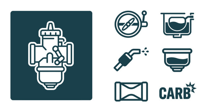 Minimal Monochrome Dark Teal Carburetor Icon Set Featuring Flat Vector Components Like Throttle, Float, Jet, Bowl, and Venturi for Mechanical Engineering and Automotive Design.