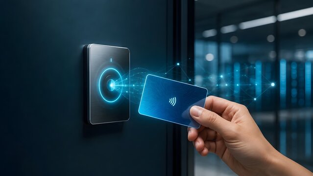 Hand holding a futuristic holographic smart card scanning at an electronic door reader symbolizing secure digital access control in a data center
