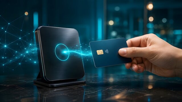 Hand tapping a smart card on a modern contactless reader with glowing digital network particles representing secure nfc payment transactions
