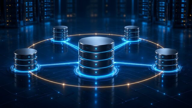 Centralized database server hub connected to distributed storage nodes via glowing network lines symbolizing secure cloud data synchronization