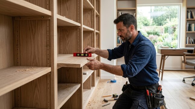 Skilled craftsman using red spirit level to check alignment of wooden bookshelf shelf while kneeling on floor during assembly.