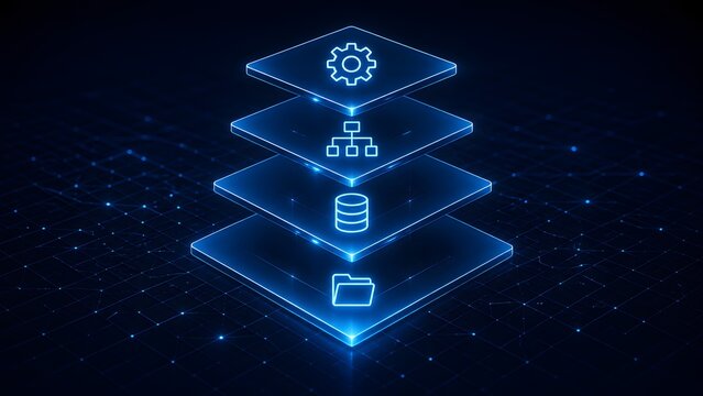 Floating glowing blue data layers with technology icons representing cloud storage network architecture and file management