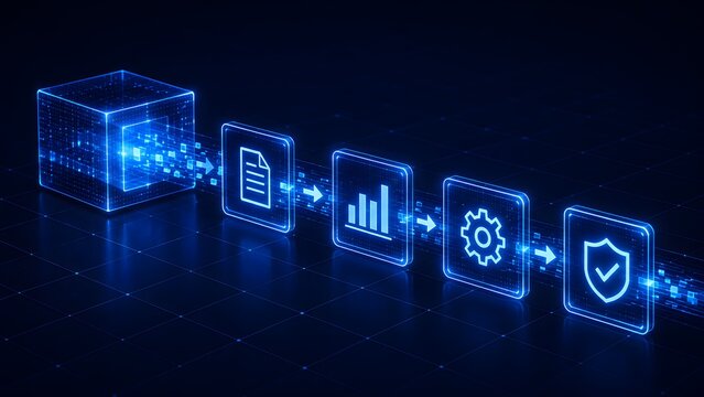 Glowing digital cube emitting data stream through document analytics gear and security shield icons in futuristic processing pipeline concept
