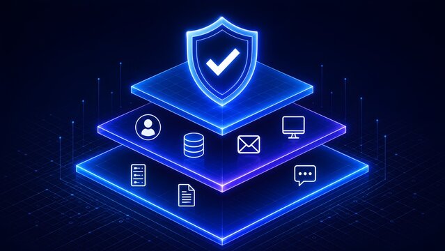 Stacked glowing blue digital layers with a central security shield protecting user database email and communication icons