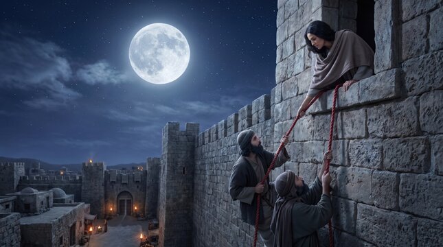 Rahab holding red cord releasing the two spies, Escape from Ancient City Wall Under Full Moon at Night.