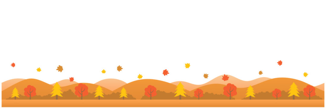 秋の山並みと紅葉の横長背景イラスト｜秋の風景・自然・紅葉狩り