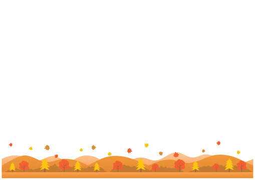 秋の山並みと紅葉の横長背景｜広い余白のある秋の自然風景イラスト