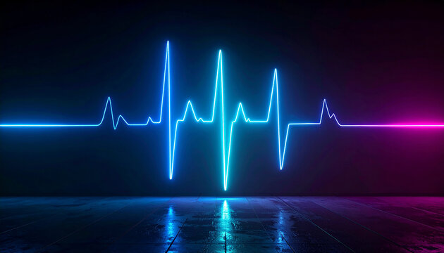 Futuristic 3D Neon Pulse Line Reflecting on Dark Metallic Floor for Cyberpunk Healthcare and Audio Frequency Background2