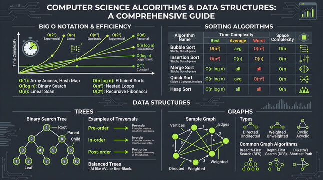 Computer science infographic about algorithms and data structures