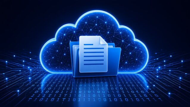 Glowing digital folder with documents inside a futuristic wireframe cloud symbolizing secure online data storage and cloud computing infrastructure.