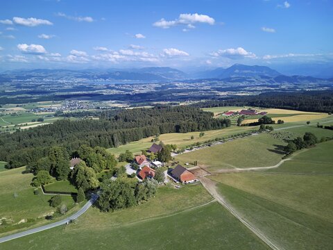 View of Horben viewpoint with Lake Zug and Rigi in the back, Beinwil Freiamt, Canton of Aargau, Switzerland