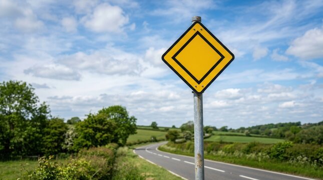 Rural Road Sign On A Sunny Day With Green Hills And Blue Sky