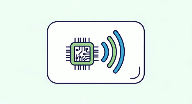 Flat vector illustration of a smart card icon featuring a microchip and wireless signal symbol, representing contactless payment, RFID technology, and secure digital banking transactions.