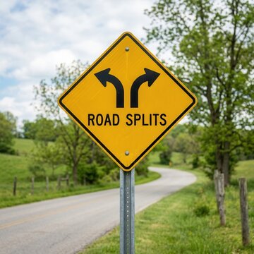 Road Splits Sign Indicating Diverging Paths In Rural Landscape