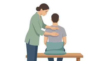 Obraz premium Female physiotherapist performing back massage on male patient in professional minimalist flat vector illustration style
