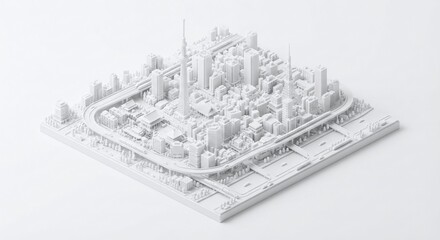 Fototapeta premium tokyo location model, 3D isometric rendering of a structure and objects with a solid white plastic finish, designed for use as a background element.