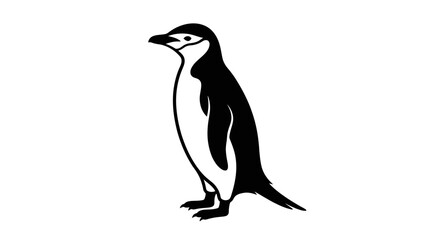 Fototapeta premium Black and white illustration of a chinstrap penguin standing in profile, isolated on white background