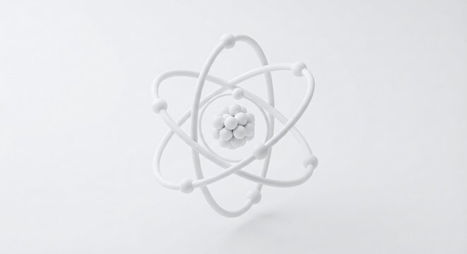 atom, 3D isometric rendering of a structure and objects with a solid white plastic finish, designed for use as a background element.