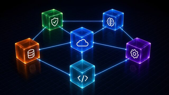 Glowing colorful 3D cubes with technology icons connected in a network grid representing cloud computing ecosystem software development and microservices architecture.