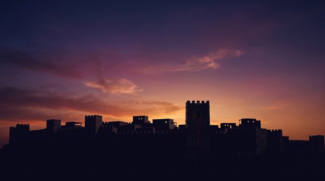 Silhouette of an ancient castle and city of Jericho skyline at sunset with a vibrant sky, red cord hanging