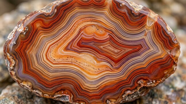 High-resolution macro photography of a beautifully polished sliced agate stone showing intricate, colorful concentric mineral bands.